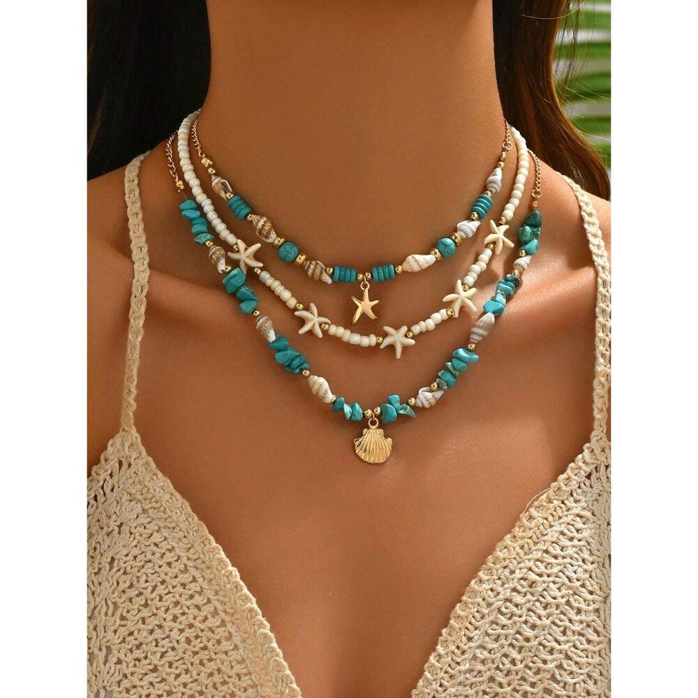 3-Piece Layered Turquoise Shell Beaded Necklace Set – Mermaid Beach Starfish